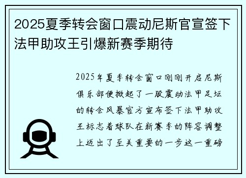 2025夏季转会窗口震动尼斯官宣签下法甲助攻王引爆新赛季期待