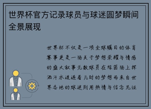 世界杯官方记录球员与球迷圆梦瞬间全景展现