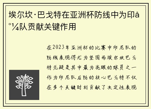 埃尔坎·巴戈特在亚洲杯防线中为印尼队贡献关键作用