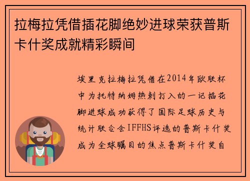 拉梅拉凭借插花脚绝妙进球荣获普斯卡什奖成就精彩瞬间